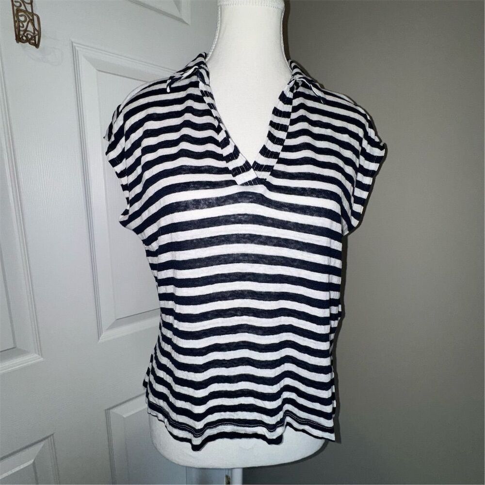 Sigrid Olsen Women's Blue‎ / White Striped V-Neck Linen Blouse Size L Nautical